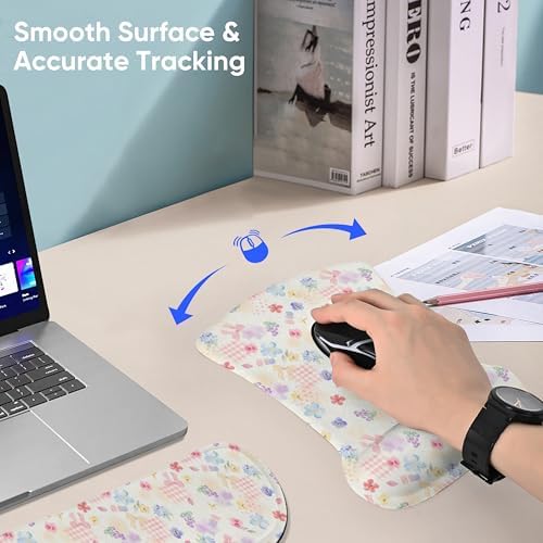 Ergonomic Memory Foam Keyboard Mouse Pad Set with Wrist Rest Support,Non-Slip Hand Wrist Cushion for Laptop/Notebook/Desktop/Computer/Gaming/Office,Easy Typing& Pain Relief (Flowers & Bowknot)