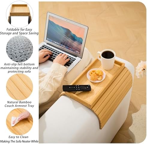 Bamboo Couch Arm Tray Table，Foldable Sofa Armrest Tray Table for Couch，Flexible and Anti-Slip Couch Arm Cup Holder，Portable Sofa Arm Chair Table for Drink,Cups, Eats，Snacks, Phone, Remote