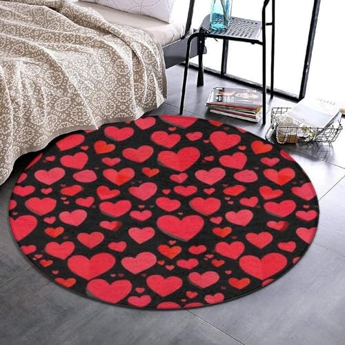 Soft Round Yoga Carpet, Large Home Decor Mat, Non-Slip Machine Washable Kitchen Office Circle Rug Compatible with Valentine's Day Elegant Red Love Heart Black