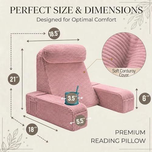 Reading Pillow for Adults, Back Pillow for Bed Sitting Up, Backrest Pillow for Sitting in Bed, Detachable Arms with Built-in Cup & Phone Caddy (Dusty Pink-Corduroy, 21 INCH)