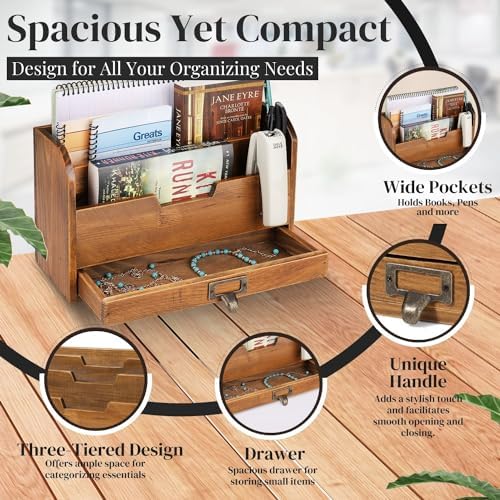 Flexzion 3 Tier Wooden Desk Organizer - Country Rustic Compartments Slot File Tray Pencil Sorter Shelf Holder Supplies Rack Accessories Set with Storage Drawer for Desktop Tabletop Office Home Brown