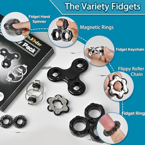Fidget Toys Adults Pack Metal Fidgets for Classroom Cool Gadget Desk Toys for Teens Figette Spinner Figits Ring ADHD Autism Must Have for Teen Boy Stress Anxiety Relief Toy Christmas Stocking Stuffers