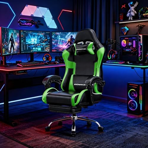 Dowinx Gaming Chair Ergonomic, Massage Lumbar Support, Footrest, Adjustable Height & Headrest Pillow, Heavy Duty 330lbs Office Chair, Comfortable for Back Pain Relief Long Gaming Streaming Deep Green