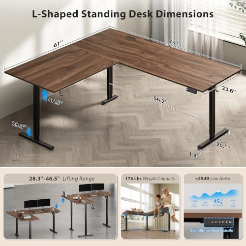 75x61 Inch L Shaped Electric Standing Desk, Corner Workstation, Dark Walnut