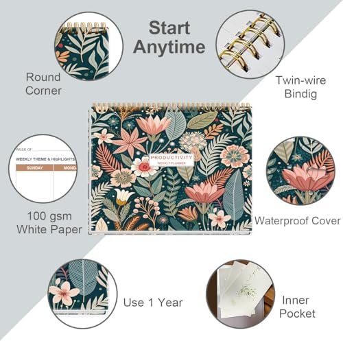 Weekly Productivity Planner - 8.5" x 11" Dashboard Desk Notepad Has 6 Focus Areas to List Tasks for Goals, Projects, Clients, Academic or Meal-Organize Your Daily Work Efficiently, 54 Weeks, Flower-C