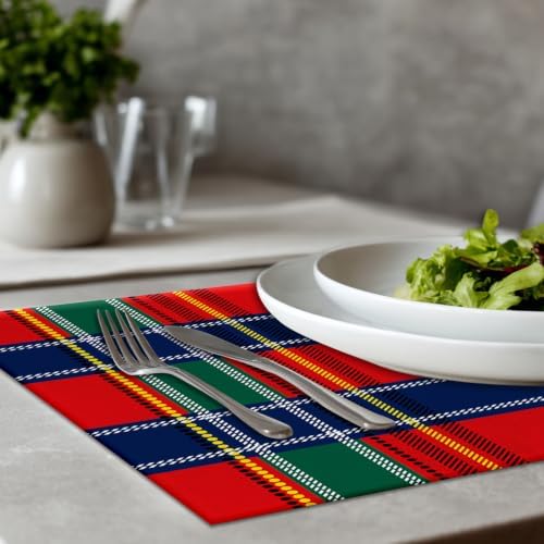 Royal Stewart Tartan Linen Placemats, Classic Red Scottish Plaid Green Table Mats for Table Washable Heat Insulation Thick Dining Mat, Indoor