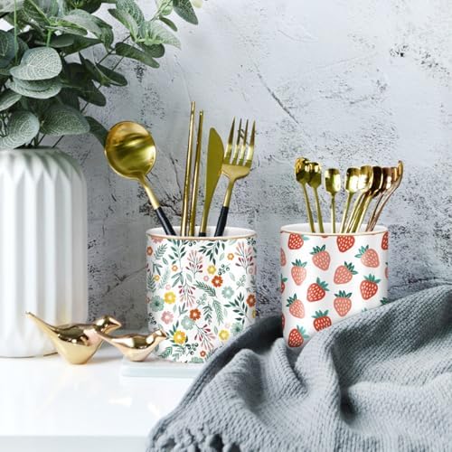 Pencil Holder for Desk, Ceramic Pencil Pens Cup Cute Makeup Brush Holder, Unique Desk Multifunctional Pen Organizer for Home, Office, Strawberries Pattern