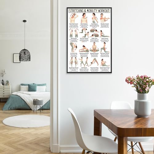 Stretching & Mobility Workout Poster, 16 Illustrated Full-Body Flexibility Training Chart with Hold Time Guides, Bodyweight Neck Hip Shoulder Stretch Reference for Post-Workout Recovery & Daily Mobility Improvement(8x12inchs，Unframed)