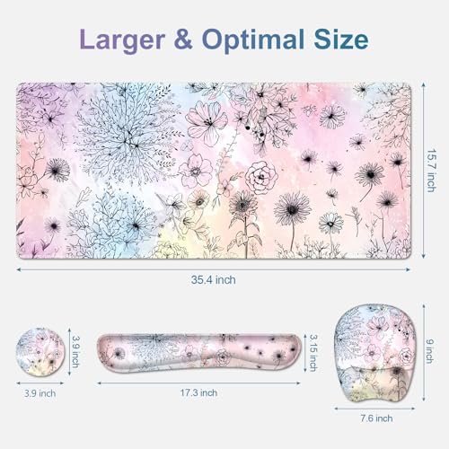 Large Mouse Pad, Keyboard Wrist Rest Set, Ergonomic Mouse Pad with Wrist Support, Desk Mat with Stitched Edges Extended Desk Pad Waterproof Desk Mat for Home Office Game I Dandelion & Sunflower