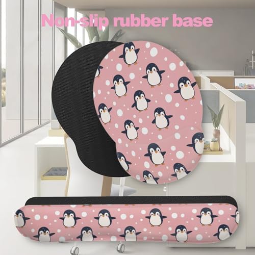 Cute Penguin Keyboard Wrist Rest Pad Mouse Pad Set,Ergonomic Mousepad Wrist Support Memory Foam Desk Pad for Gaming Office,Non-Slip Rubber Base Easy Typing for Home Office Computers