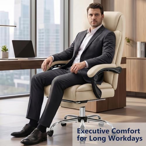 Ergonomic Executive Office Chair PU Leather High Back, 400lbs Heavy Duty Reclining Desk Chair with Footrest, Adjustable Lumbar Support, Padded Armrests, Wide Seat, Khaki