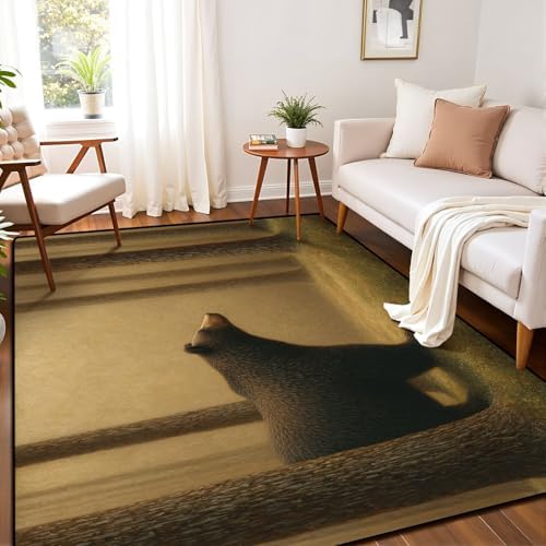 Tranquil Scene Bear Pine Trees Soft Gradient Area Rug Outdoor Patio Rug Play Mat Modern Floor Carpet Non-Slip Home Decor Living Room Kids Bedroom Nursery, 6x9 ft