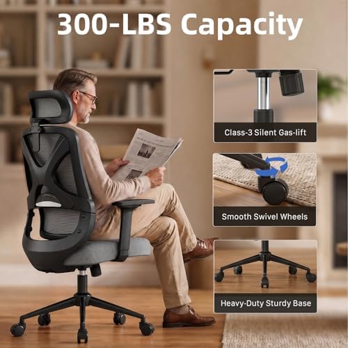 High Back Ergonomic Desk Chair with Adjustable Lumbar Support and Headrest Home Office Desk Chair with flip-up Armrests for Home, Office, Gaming, Student（Black）