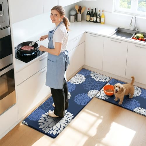 Kitchen Mats 2 Piece Set, Anti Fatigue Non Slip Cushioned Floor Rugs, Blue