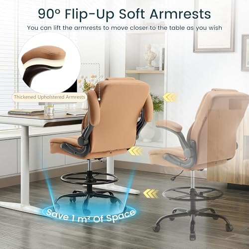 Drafting Chair 500Lbs, Tall Office Chair for Standing Desk, High PU Leather Executive Office Chair with Flip-up Armrests, Ergonomic High Chair with Adjustable Foot Ring, Comfy Stool Chairs, Brown