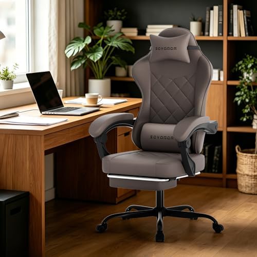 Gaming Chair with Footrest, Ergonomic Leather Computer Chair with Lumbar Support, Height Adjustable High Back Swivel Office Chair for Adults, Gamer Chair for Gaming, Working,Brown
