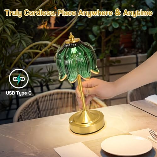Cordless Table Lamp, Rechargeable Dark Green Glass Lotus Flower Lamp