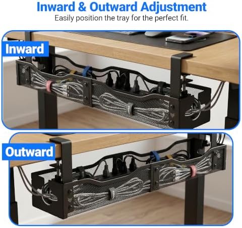 Under Desk Cable Management Tray - 25" No Drill Under Desk Cord Management with Clamp, Metal Desk Cable Organizer & Wire Management Tray for Standing Desk, Home Office Cord Organizer, Black