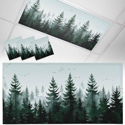 Pine Tree Forest Magnetic Fluorescent Light Covers for Ceiling Lights 2 x 4 Feet, Green Landscape Nature Decor Office Classroom Kitchen Drop Ceiling Light Covers Lighting Filters Shade Panel 3 Packs