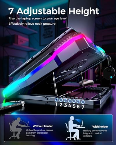 KeiBn Gaming Laptop Cooling Pad, Laptop Fan Cooling Pad with 5.5inch RGB External Fan, Rapid Cooling Laptop 15.6-19.3inch, 8 Height Stands, 2 USB Ports, Phone Holder-K1 5V RGB