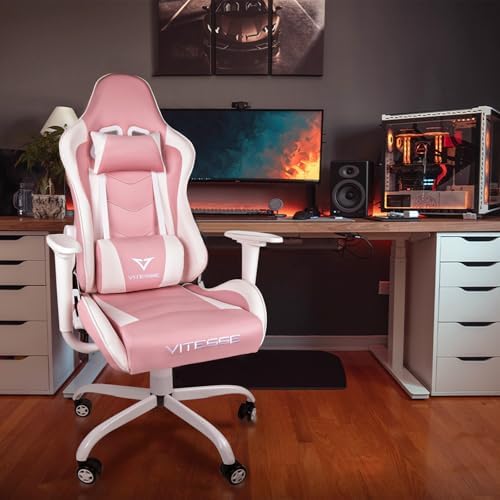 Gaming Chair High Back Gaming Chair for Teens, Ergonomic Racing Chair Computer Desk Chair with Massage Lumbar Support and Headrest, Cute Gamer Chair with Height Adjustable (Pink)