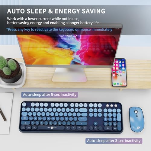 Blue Wireless Keyboard and Mouse Combo,Retro Typewriter Style Bubble Keys