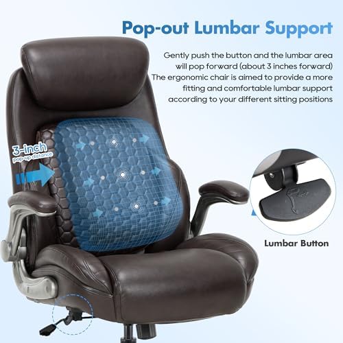 COLAMY Office Ergonomic Desk High Back Executive Chair with Pop-Out Lumbar Support, Upgraded Casters, Adjustable Headrest, Flip-Up Arms, Leather Home with Thick Cushion for Comfort - Brown