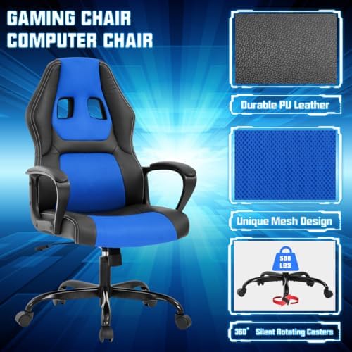 Gaming Chair PC Computer Chair Office Chair for Adult Teen Kids, Ergonomic PU Leather Gamer Chair with Lumbar Support High Back Adjustable Rolling Swivel Desk Chair, Blue