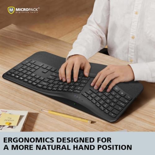 Micropack Split Ergonomic Keyboard Wireless, Multi Device Bluetooth & USB Receiver Connectivity, Rechargeable USB-C Silent Scissor Keys with Palm Support, Compatible with Mac PC Laptop Home Office