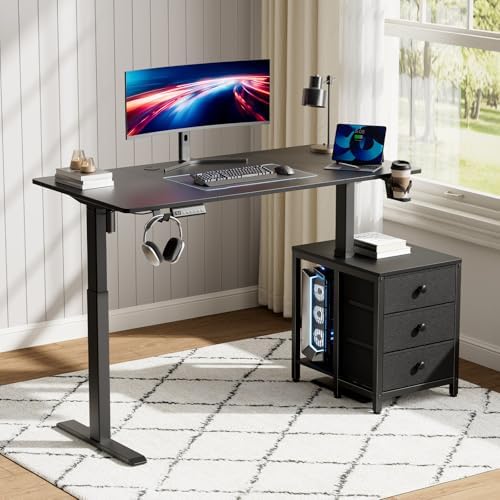 REAHOME 55 Inch Black Electric Height Adjustable Standing Desk with Drawers