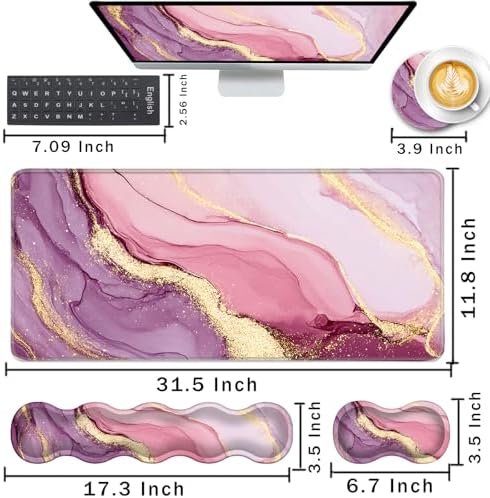 Keyboard Wrist Rest and Mouse Pad with Wrist Support Set Ergonomic Coaster,Memory Foam,Easy Typing Pain Relief,Large XL Desk Mat 31.5"x 11.8",Marble Pretty Pink
