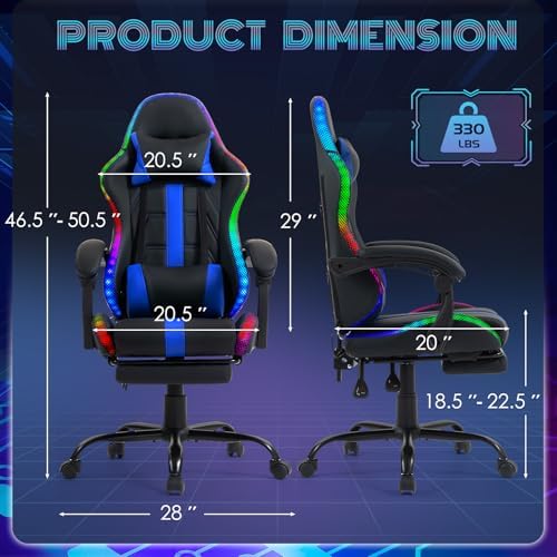 ECOTOUGE Gaming Chair with Footrest, Lumbar Massage & RGB LED Lights, Blue