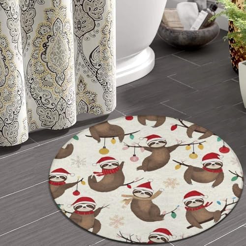 Large Machine Washable Circular Rugs, Home Decor Round Mat for Living Room Sofa Office Funny Christmas Sloth