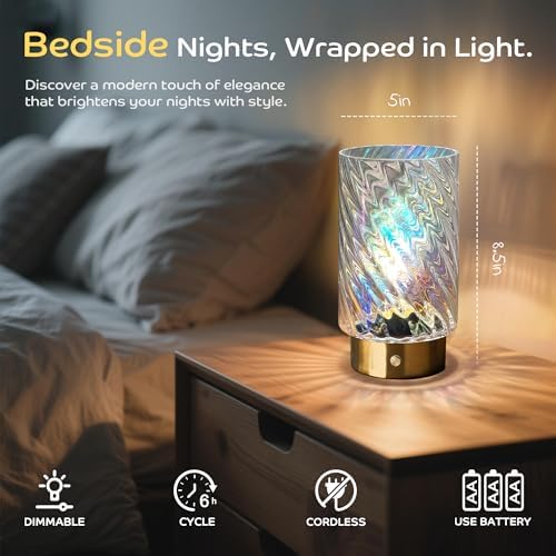 LUSHARBOR Battery Operated Table Lamp with Timer, Stepless Dimming Bedside Lamp Battery Powered Cordless Lamp for Home Decor Entryway/Living Room/Coffee Table/Shelf Transparent