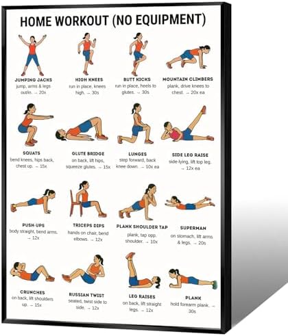 No Equipment Home Workout Poster, 16 Illustrated Full-Body Bodyweight Training Chart with Rep & Timing Guides, Beginner Friendly Full Physique Fitness Reference for Indoor Daily Cardio & Strength Building Routine(20x30inchs，Black Framed)