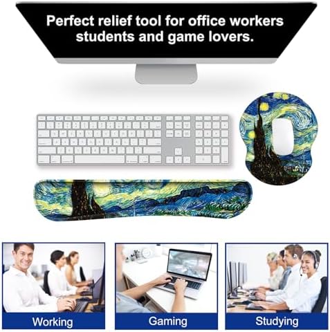 ARTSO Ergonomic Mouse Pad with Wrist Rest, Comfortable Keyboard Wrist Rest, Memory Foam Mousepad for Computer Keyboard, Mouse Pad Set for Easy Typing, Pain Relief, Starry Sky Oil Painting