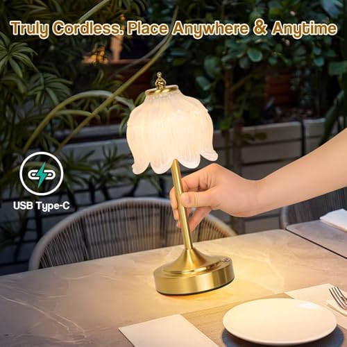 Cordless Table Lamp, Rechargeable White Glass Lotus Flower Lamp