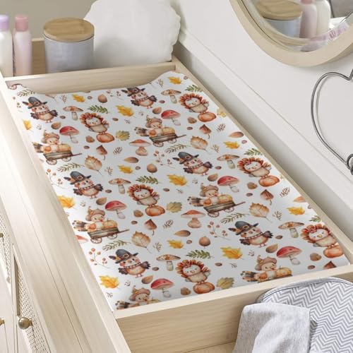 Cartoon Thanksgiving Turkey Pumpkin Mushroom Pattern Baby Changing Pad Cover, Unisex Fall Winter Nursery Diaper Changing Table Pad Mat Sheet for Boys Girls-16x32