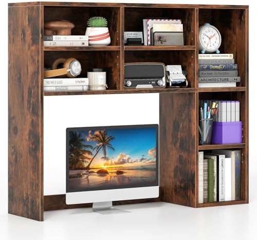Giantex Desktop Bookshelf, Desk Hutch Dorm w/ 7 Cubes & 3 Adjustable Shelves, Desk Shelf for Up to 27" Computer Monitors, Wooden Desktop Storage Organizer for Dorm College Office Home, Rustic Brown