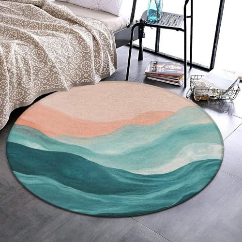 Men's Large Home Decor Mat, Soft Round Yoga Carpet, Non Slip Machine Washable Home Office Circle Rug Abstract Painting Beach Sand Wave Pink Blue Teal