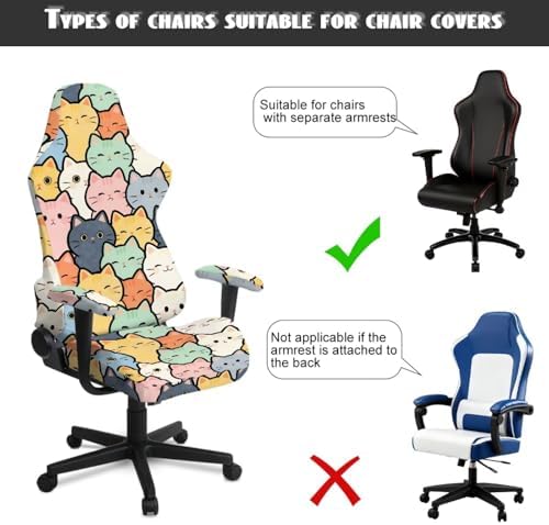 Cute Cat Print Gaming Chair Cover with Armrest Covers Stretch Non Slip Furniture Protector Washable Stain Resistant Office Desk Chair Slipcover