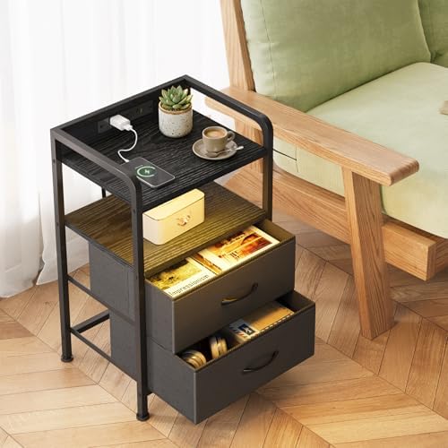 Fixwal Black Led Nightstand, Rear Charging Station, 2 Fabric Drawers