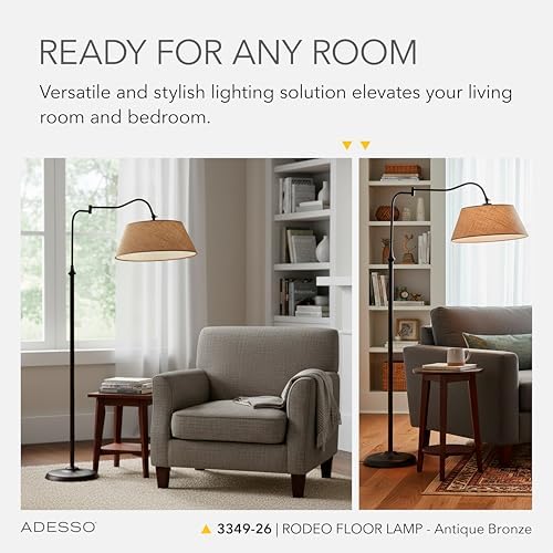 Adesso Floor Lamp, Antique Bronze & Khaki Burlap, 3-Way, 60.25”