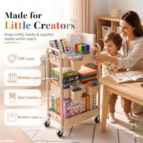 Beige 3 Tier Rolling Storage Cart Metal on Wheels, Cream Diaper Caddy Carts