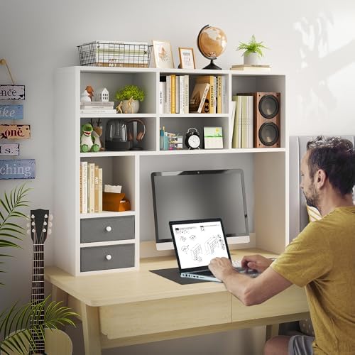 REIBII Desktop Bookshelf, 8 Shelves Desk Hutch for Dorm Room, White
