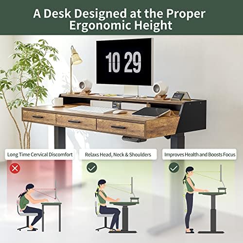 CubiCubi One-Piece Standing Desk 48x26 with 3 Wood Drawers, Rustic Brown