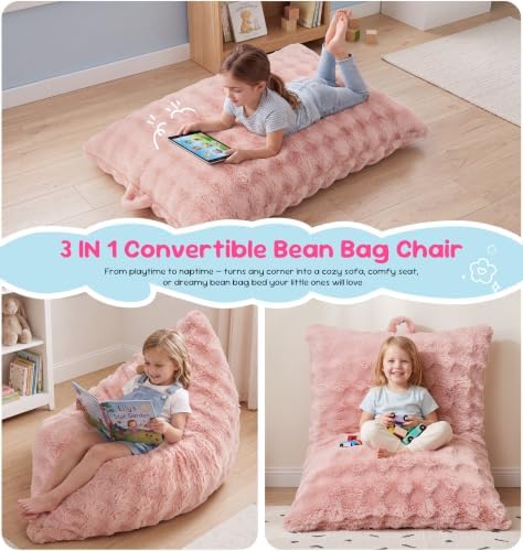 Hobestluk Bean Bag Chair Small Fluffy Pink Beanbag with Memory Foam Filled