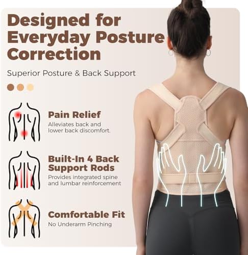 Posture Corrector for Women and Men Upgraded Back Brace, Adjustable Back Support for Upper and Lower Back Pain Relief, Shoulder Straightener for Hunchback, Thoracic, Scoliosis, Lumbar, Spine (Beige, M)