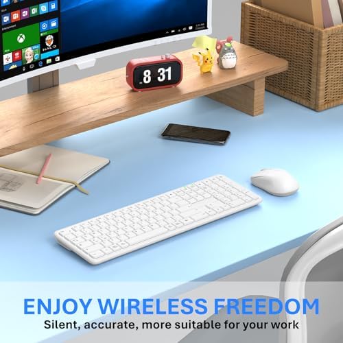 Wireless Keyboard and Mouse Combo, Full-Size Silent Ergonomic Keyboard and Mouse, Sleep Mode, Long Battery Life, 2.4G Lag-Free Cordless Mice Keyboard Set for Computer, Laptop, PC, Mac, Windows (White)
