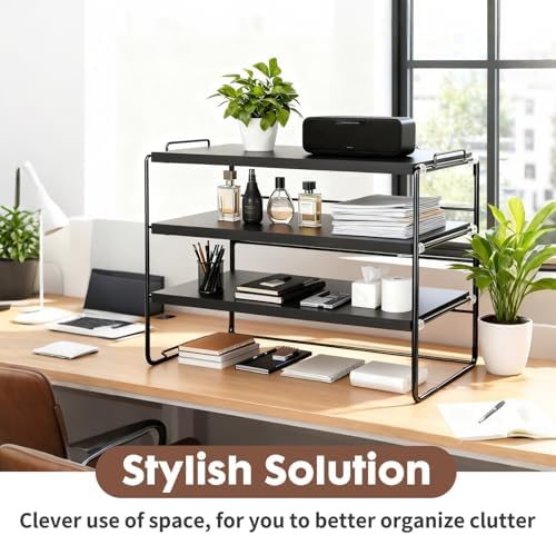 ShellKingdom Desk Shelf Organizer, 3 Tier Desktop Shelves, Adjustable Bookshelf Storage Rack and Office Cubicle Decor for Tabletop, School, Office, Dorm Organization (Black)